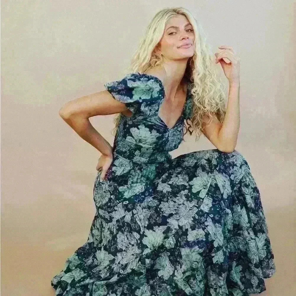 FREE PEOPLE Floral SUNDRENCHED Short Sleeve Maxi Dress Size M - Picture 8 of 12